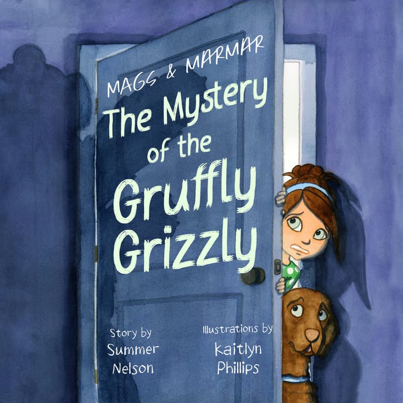 Mags & MarMar: The Mystery of the Gruffly Grizzly, book cover, watercolor by Kaitlyn Phillips, a girl and her dog peeking around a door in purple and blue tones